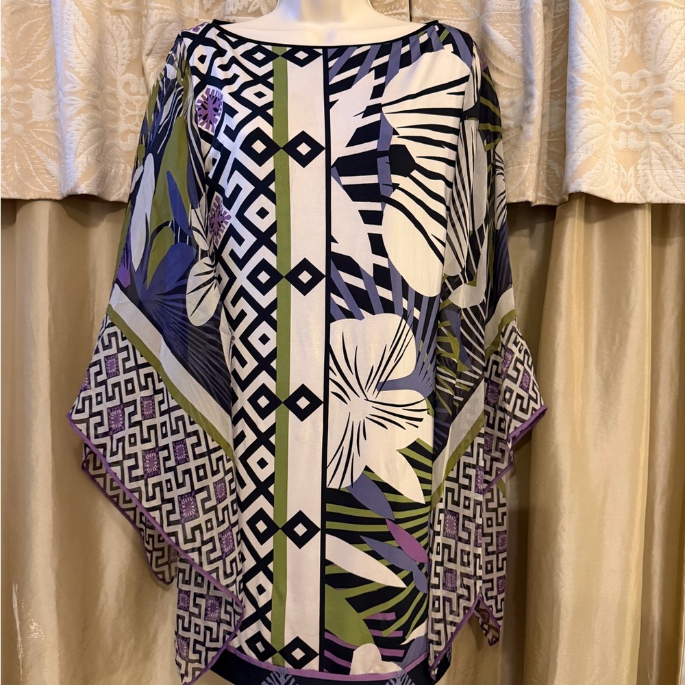Analili Cream Tunic with Black Trim and Multi-Color Pattern